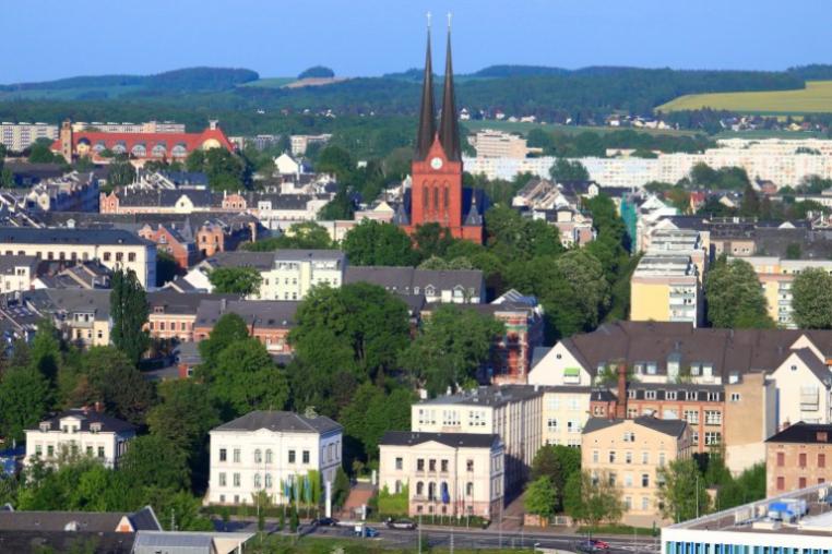 A view of Chemnitz, Germany with a clock tower in the centre.