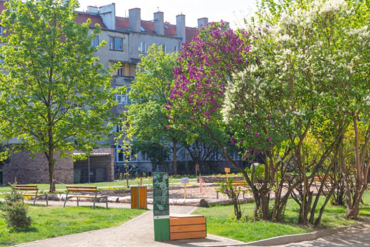 A treelined renovated courtyard in Wroclow with trees, paths and benches.