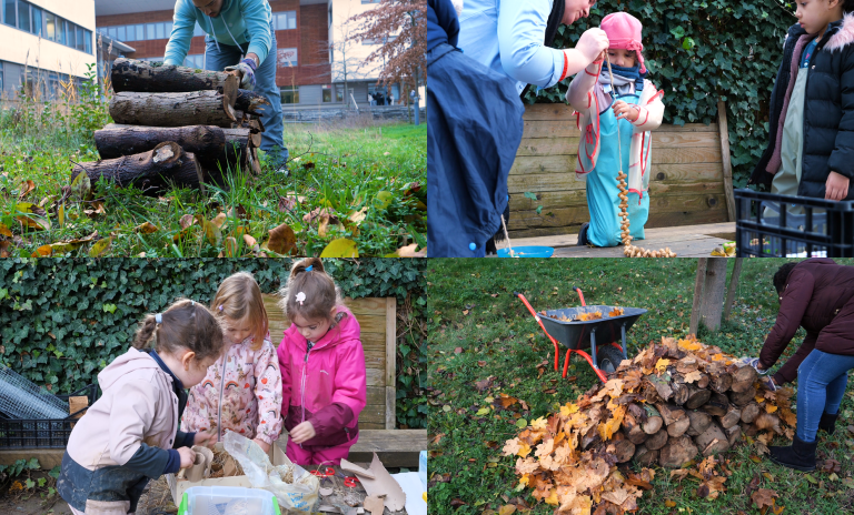 Montage of four images showing people in the landscape, including children playing and adults gathering leaves.
