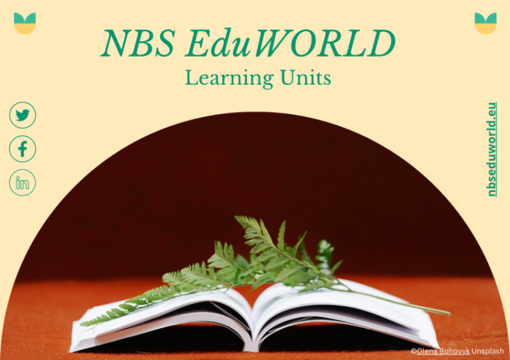 An open book with a plant growing from the pages with a headline: NBS EduWORLD Learning Units 